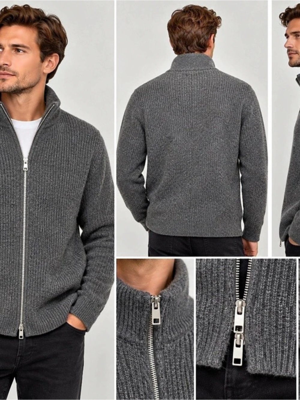 H&M Regular-Fit Rib-knit Cardigan with Zipper Gray Size Large